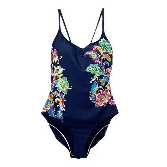 NWT Anne Cole Paisley Pom Lace-Up One Piece Swimsuit Navy Blue Multi Size 14